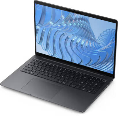 Dell Pro 5 16 laptop showing full keyboard and geometric pattern on laptop screen